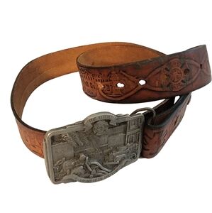 C+J Inc. Vintage 1988 Brown Leather Belt W/Pewter Fire Fighter Buckle PREOWNED